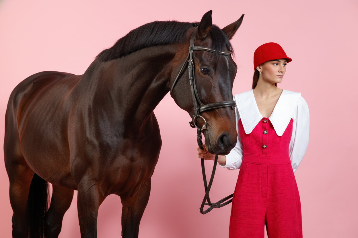 Una donna con cappello rosso e abbigliamento rosso e bianco tiene il morso di un cavallo marrone davanti a uno sfondo rosa.