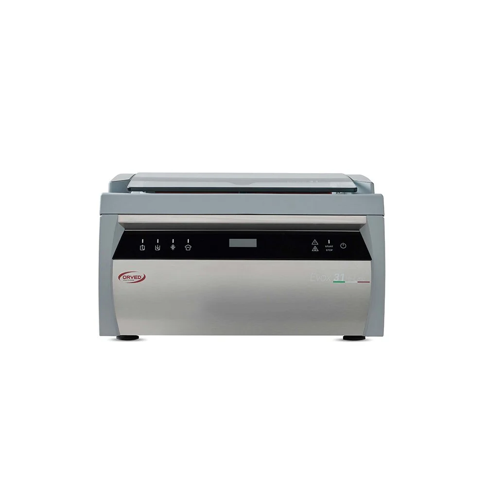 Fotografia di una stampante da laboratorio verticale, di colore grigio e nero, con il marchio Orved.