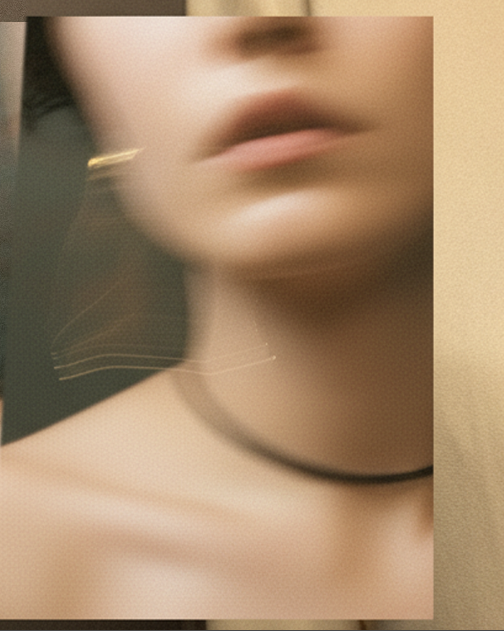 Close-up di una donna con capelli castani, con choker nero e orecchino dorato, sfondo sfocato.