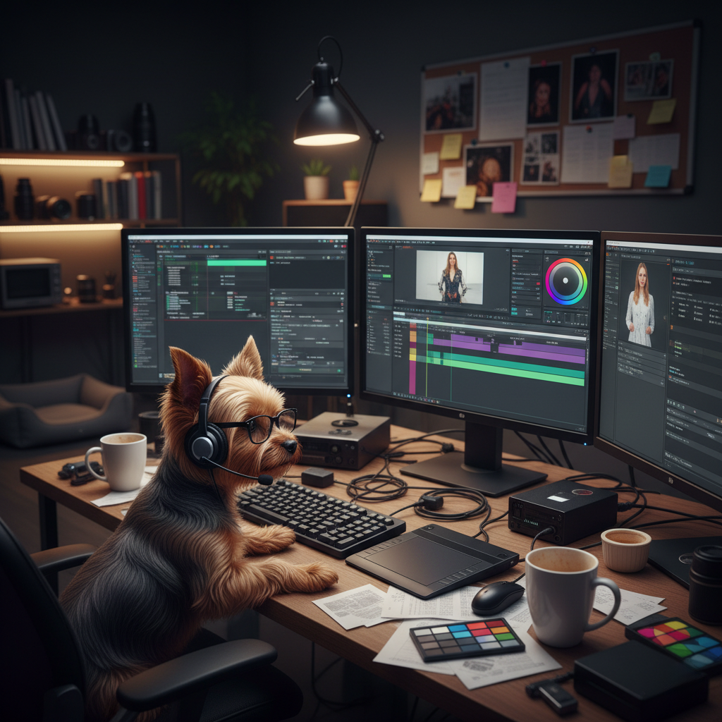Setup di editing video con tre monitor, un cane con cuffie e occhiali da computer, tazza di caffè, documenti e strumenti di editing in un ambiente domestico o ufficio.