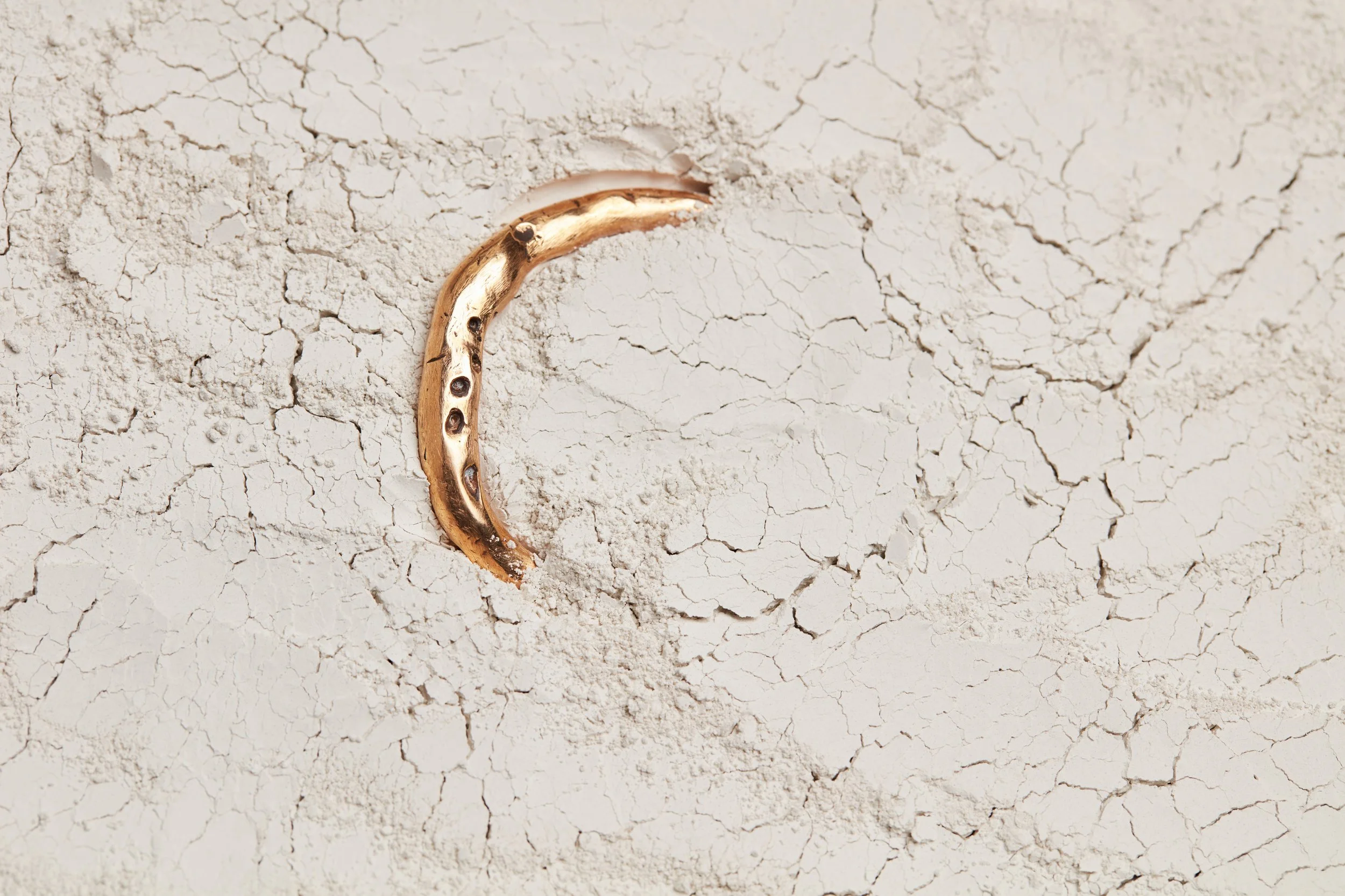 una farfalla dorata incastonata in una parete bianca con texture screpolata