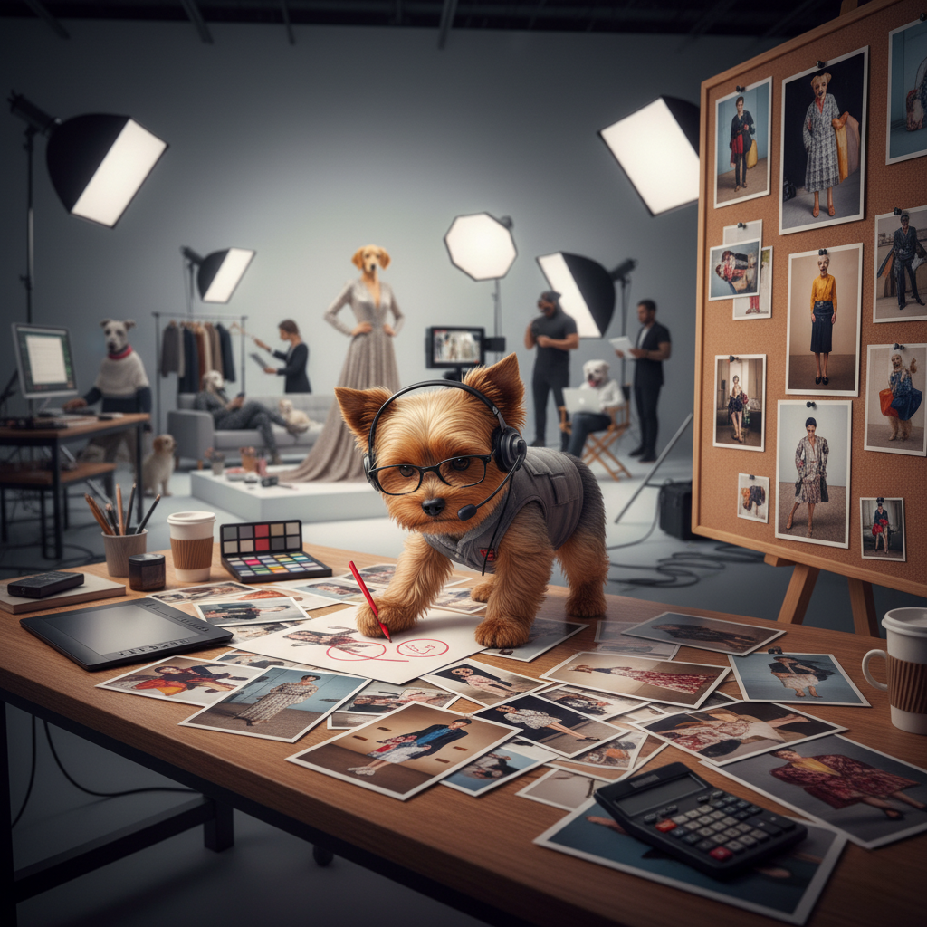 Un cane con occhiali, giacca e cuffie da chef, che disegna una fotografia su carta, in un set fotografico con luci professionali, fotografie di moda e uno storyboard con foto di modelle e modelli.