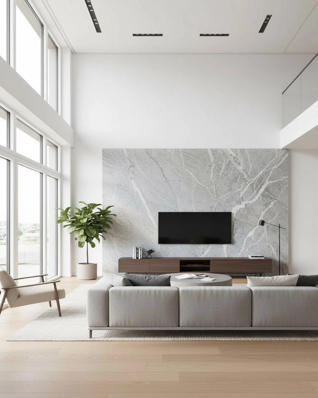 Interno di un soggiorno moderno con parete di marmo, televisore, divano grigio, sedia e pianta verde.
