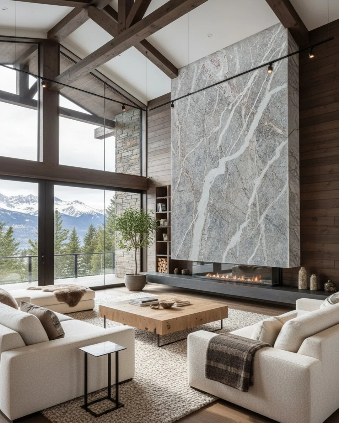 Interno di un soggiorno moderno con grandi finestre che mostrano montagne innevate, camino sospeso in marmo, arredamento neutro, legno e piante.