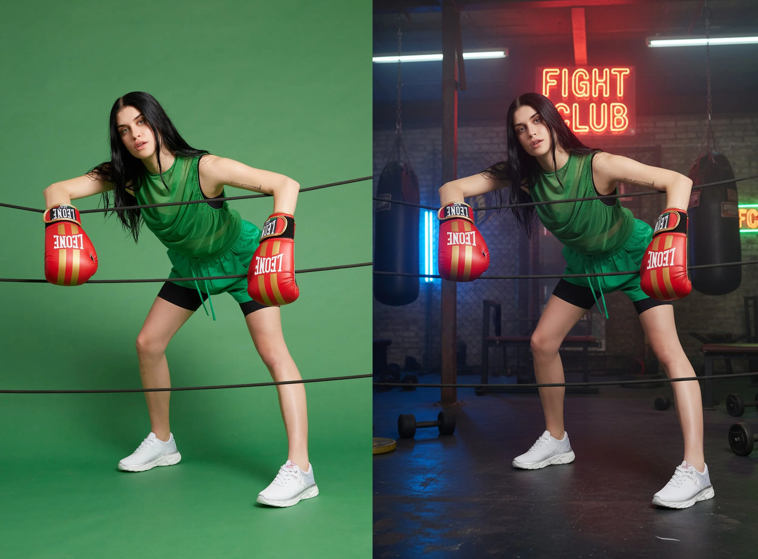 Una ragazza con abbigliamento da allenamento, in pose di combattimento, indossa guantoni da boxe rossi e si trova di fronte a uno sfondo verde in un lato e in una palestra con luci al neon e sacchi da boxe dall'altro.