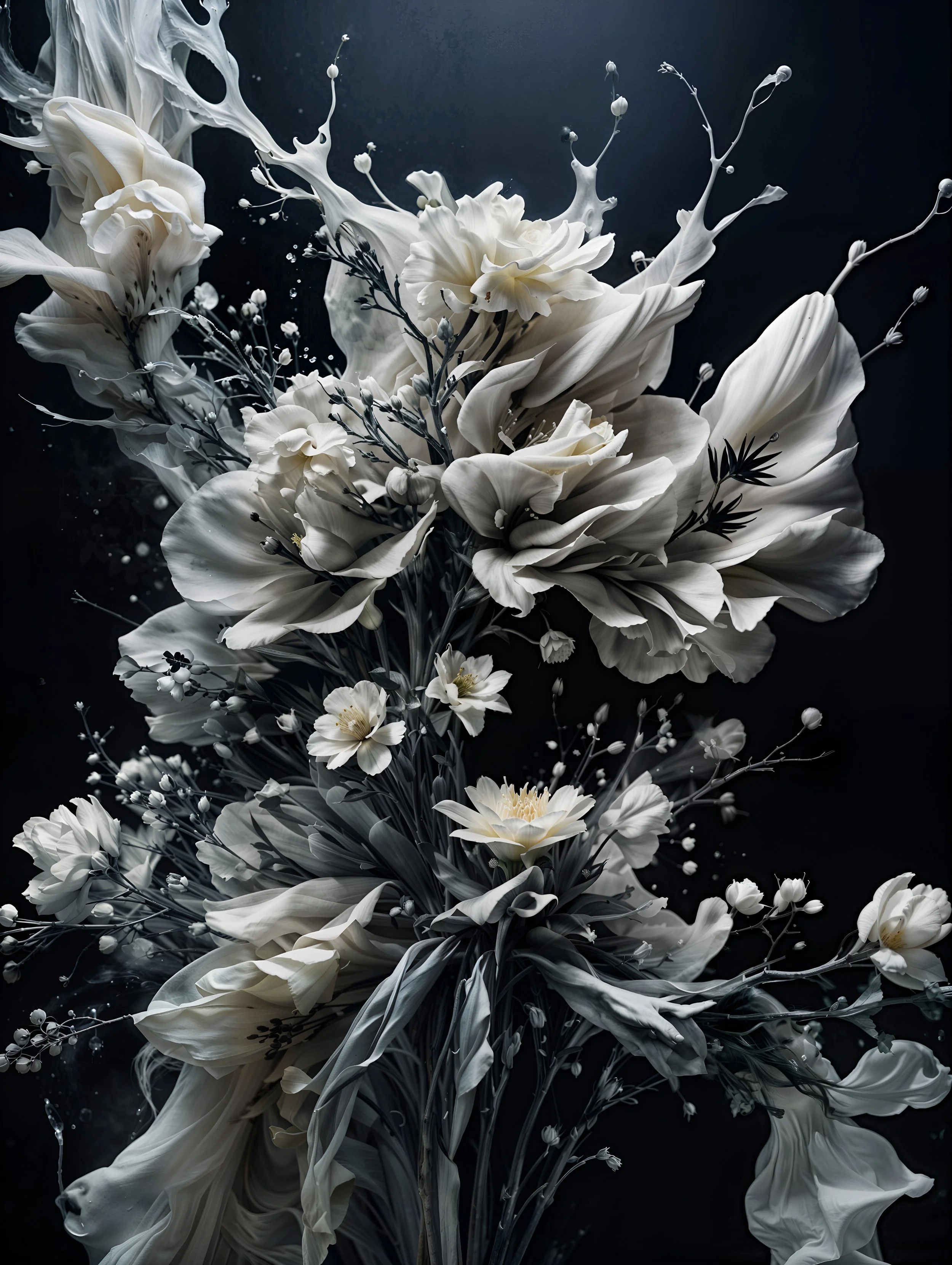 Un bouquet di fiori bianchi, tra cui tulipani, gerbere e altre fiori, su sfondo scuro.