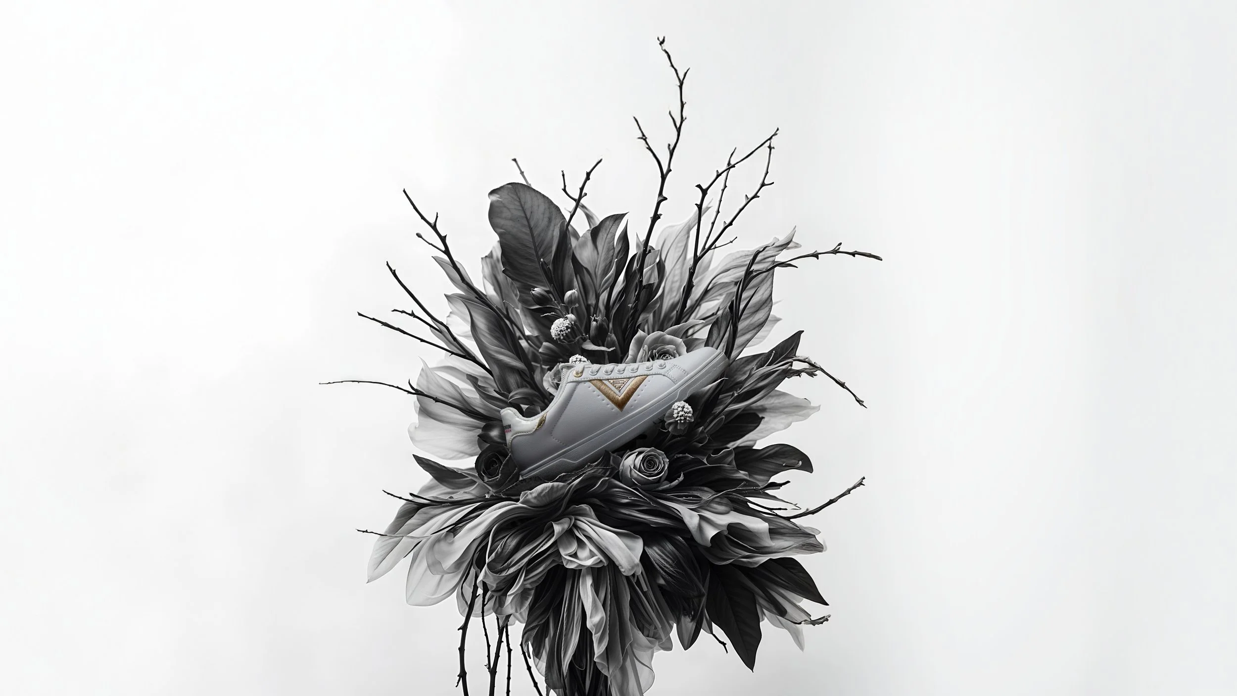 Una scarpa bianca di design su un bouquet di fiori e rami neri e grigi, con sfondo bianco