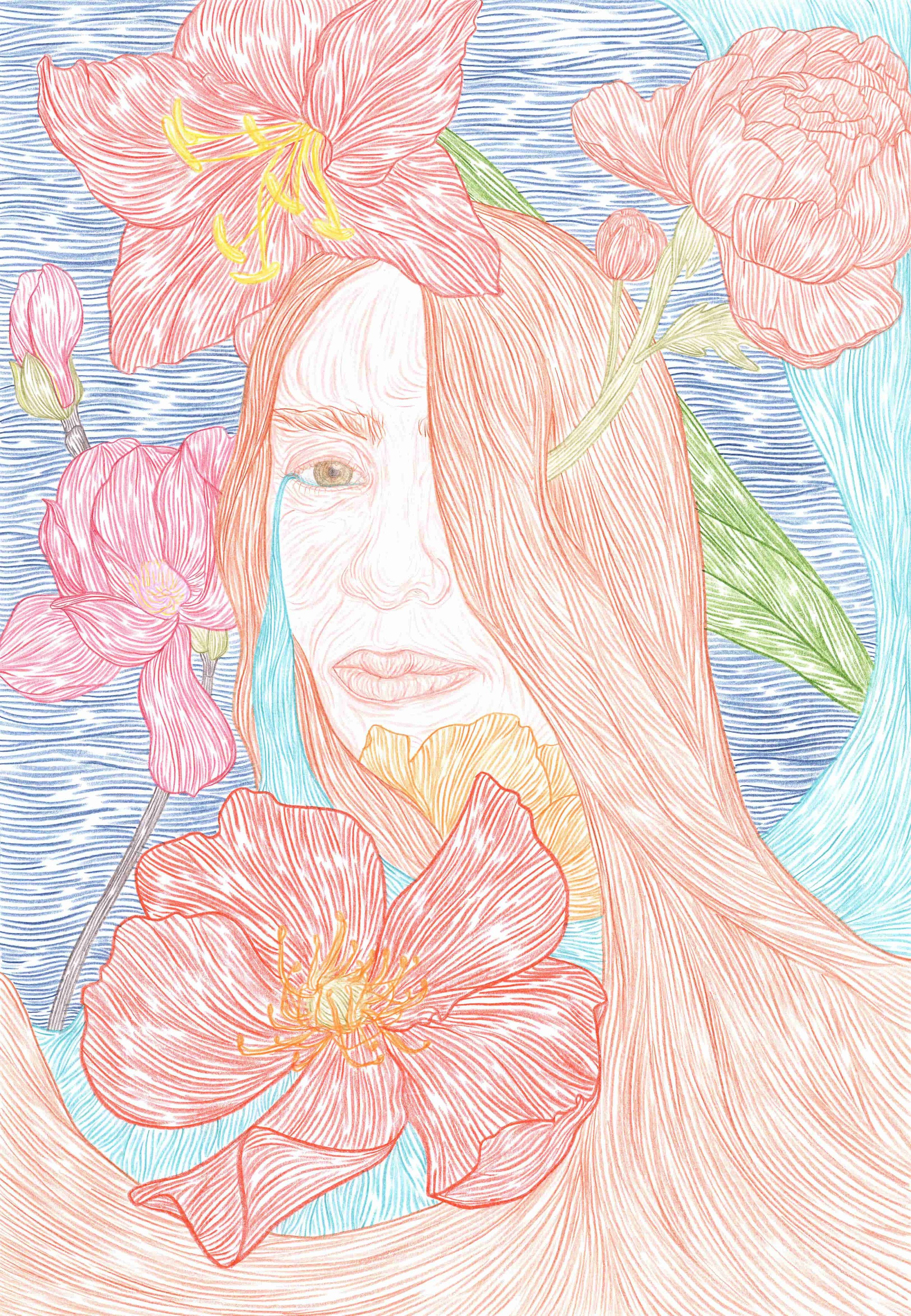 Illustration of a woman's face surrounded by large, blooming flowers with flowing lines and soft pastel colors.