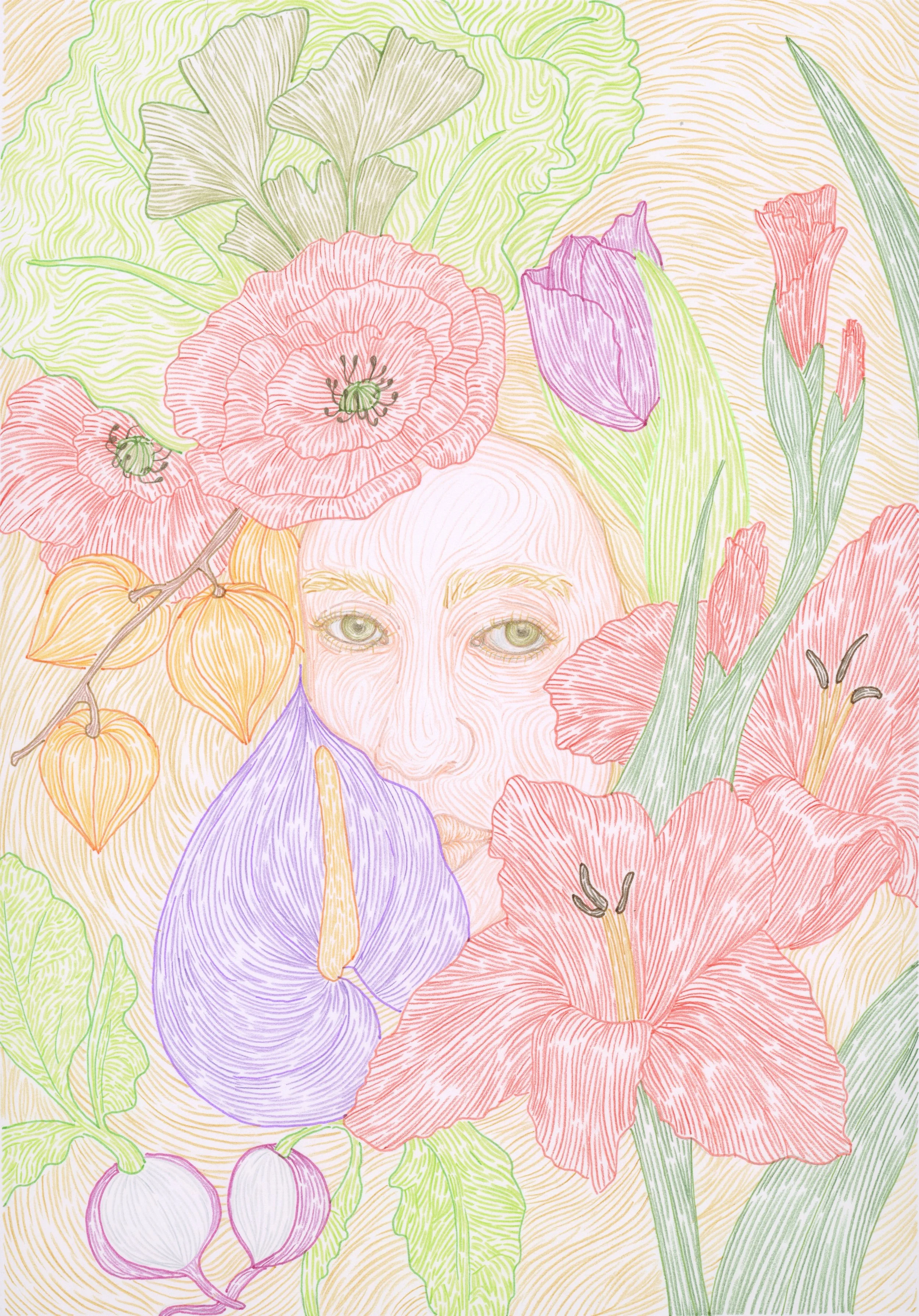 A person's face is surrounded by colorful flowers and leaves, creating a floral frame.