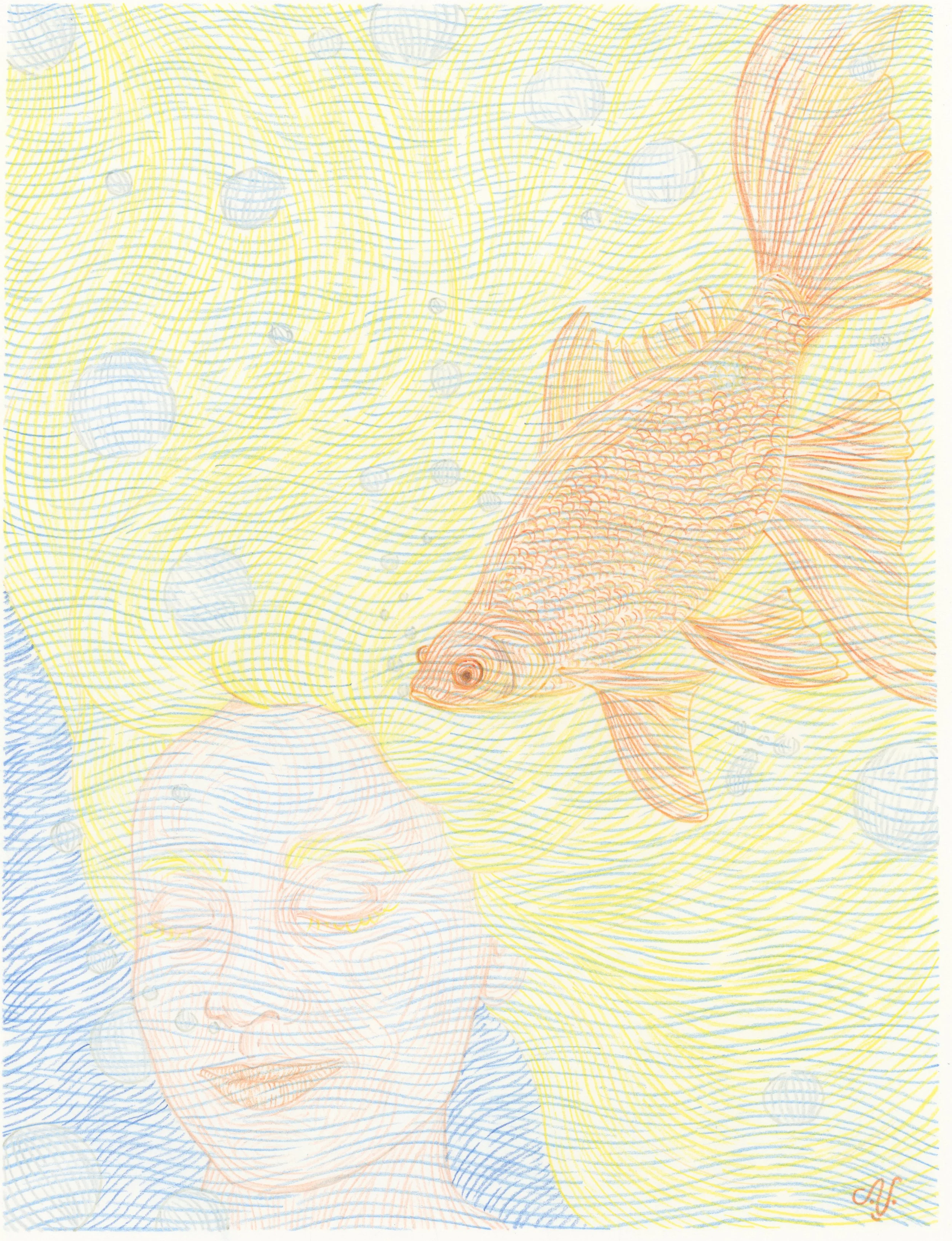 Drawing of a woman with closed eyes, a large fish, and bubbles, created with colorful lines.
