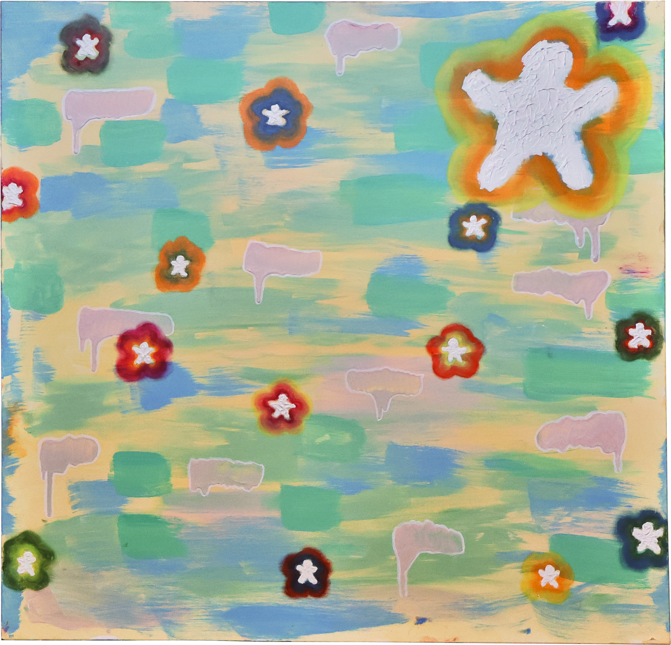 abstract painting, 90x90cm, very vibrant colours, green, yellow, abstract painting