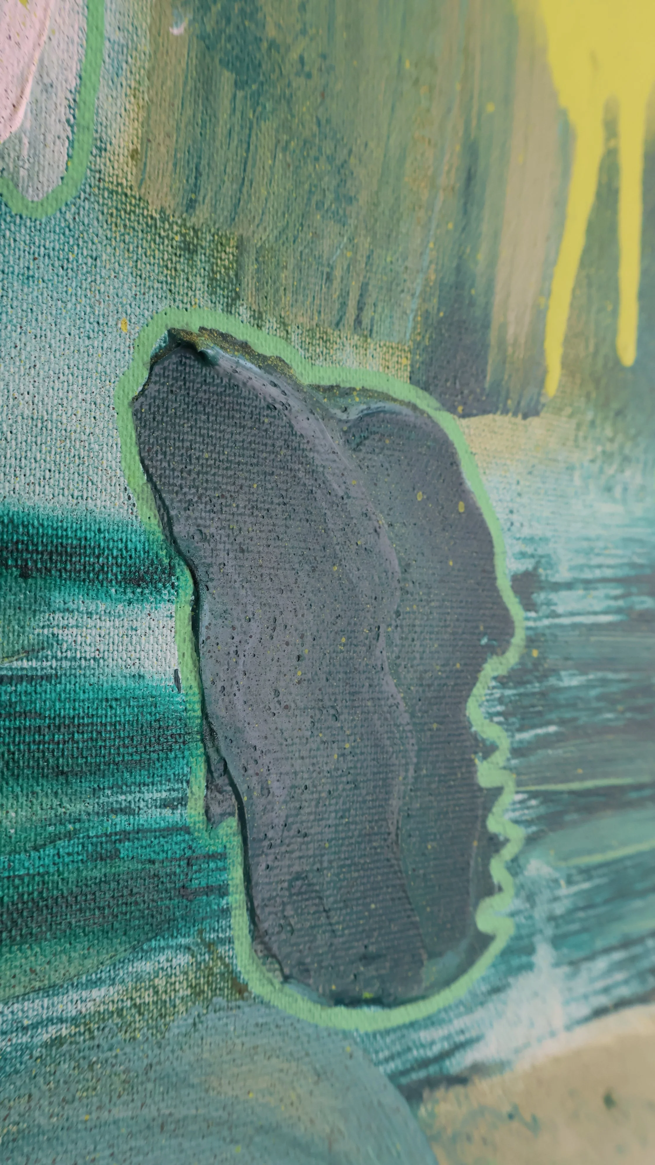 ‘Greenery’, 2022, acrylic, oil, graffiti on canvas, 95×130 cm details