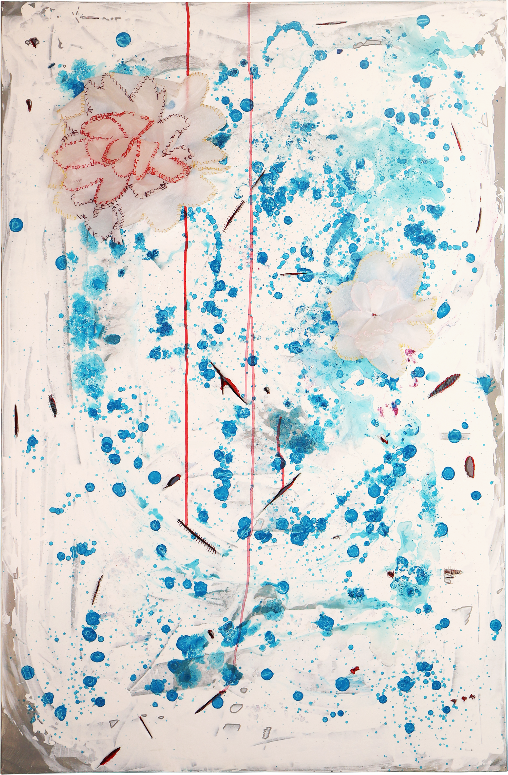 painting with two sides painted, front part white background which silk paper flowers and cuts, backside all red cuts from the front visible