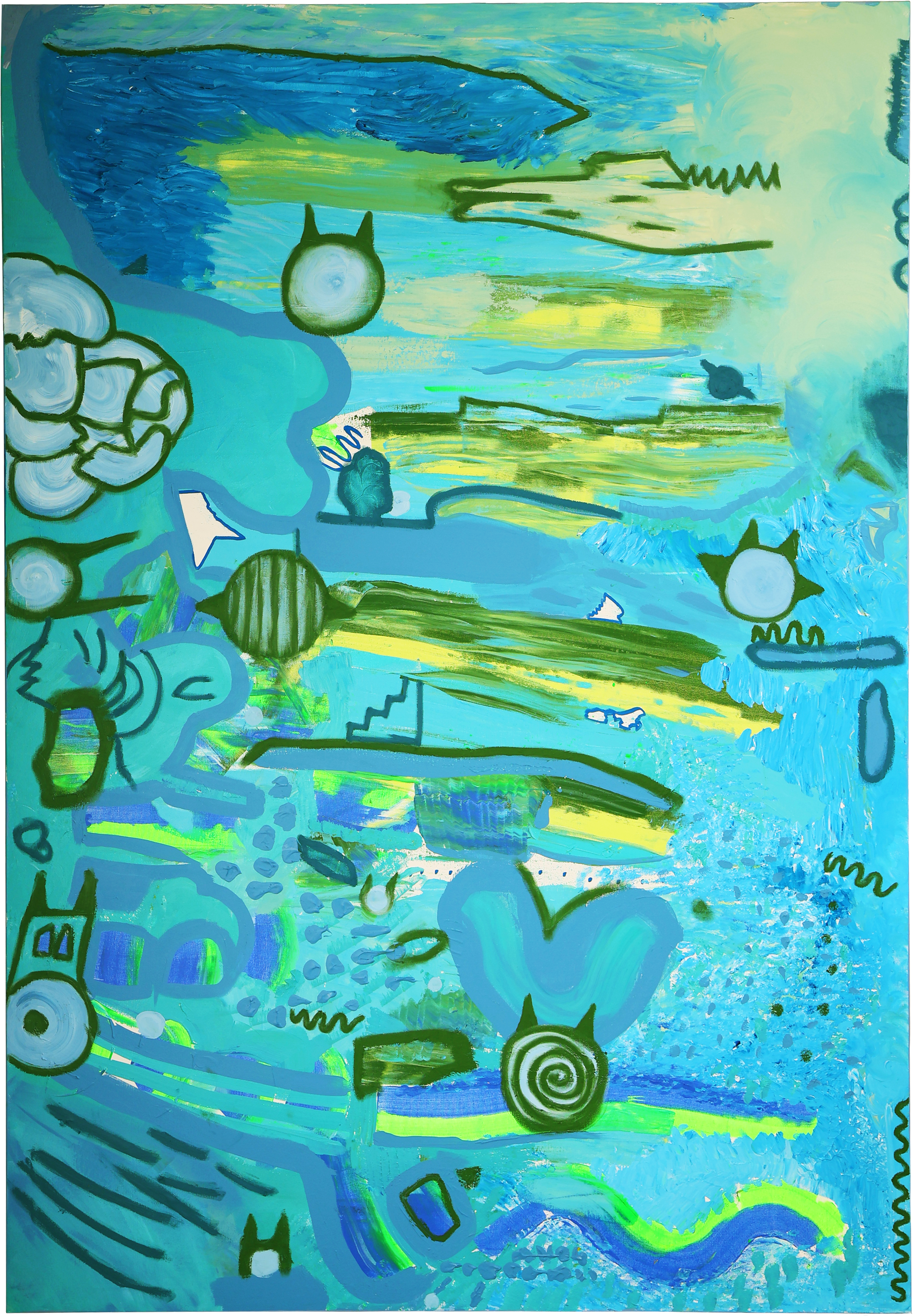 big abstract painting, acrylic on canvas, small abstract creatures, main colours blue and green tones