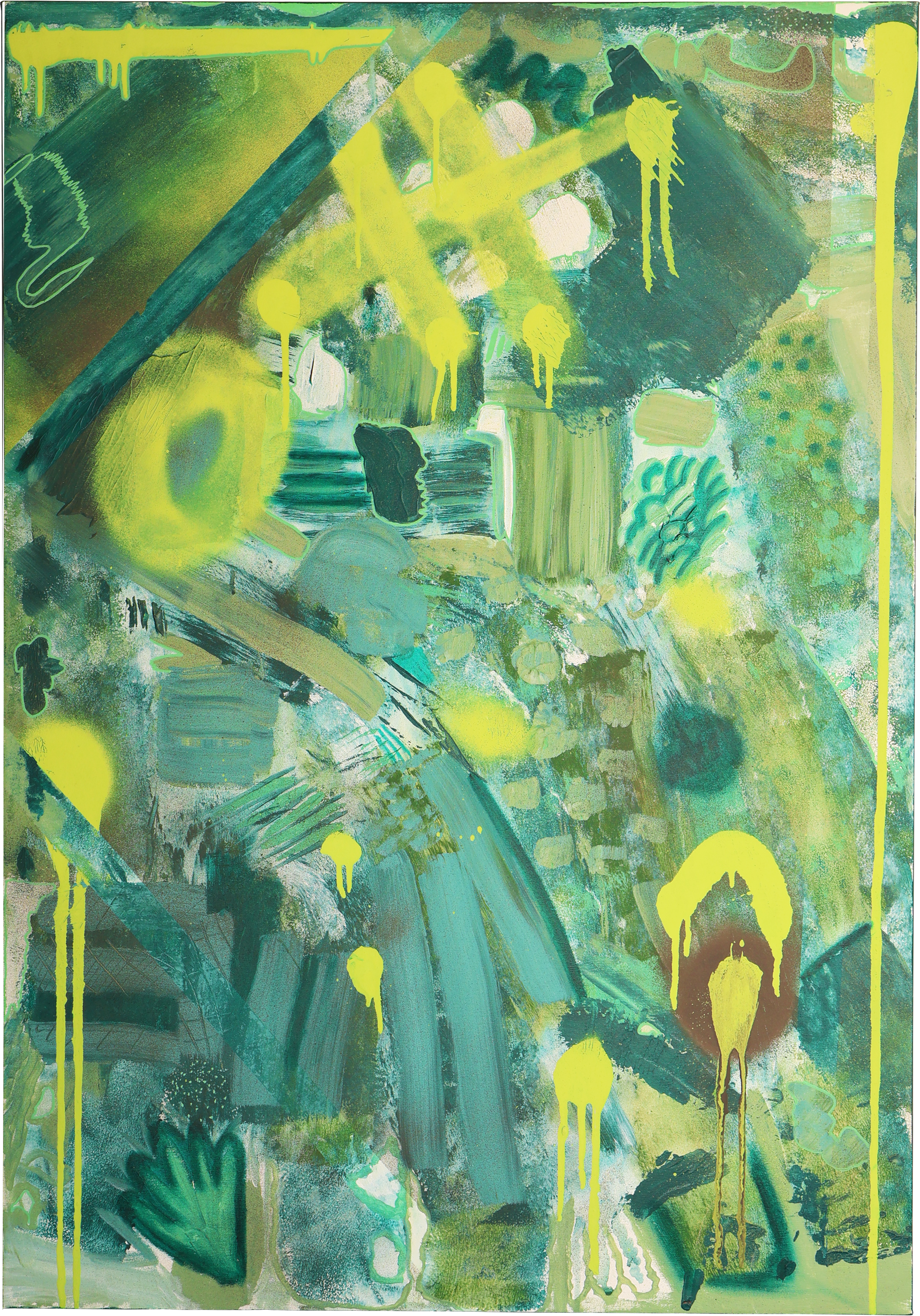 acrylic, oil and graffiti, on canvas, different shades of green, abstract painting