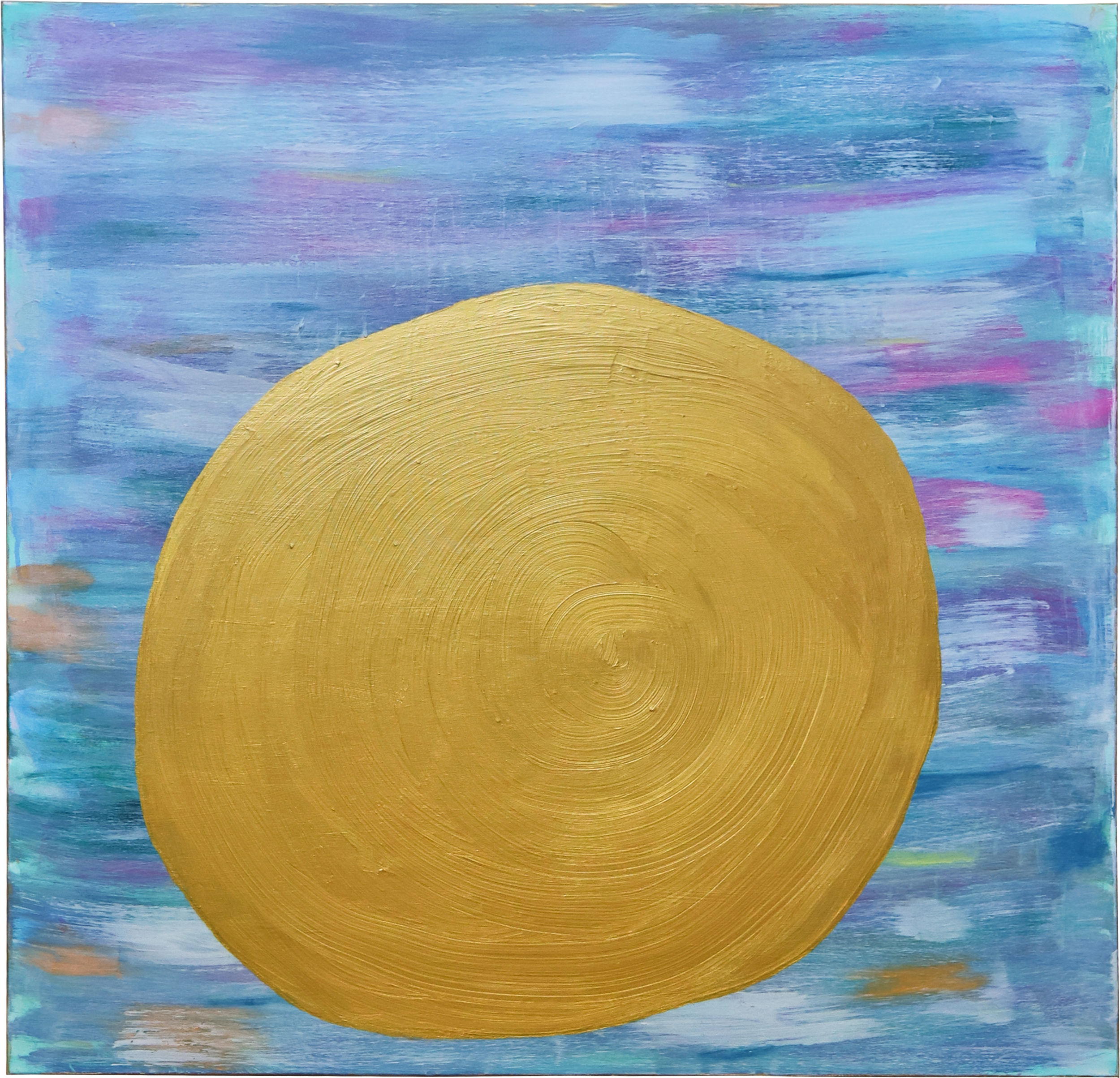 painting with blue purple background with a golden circle in the middle, acrylic on canvas, The amulet , 2024, acrylic on canvas, 90x 90cm