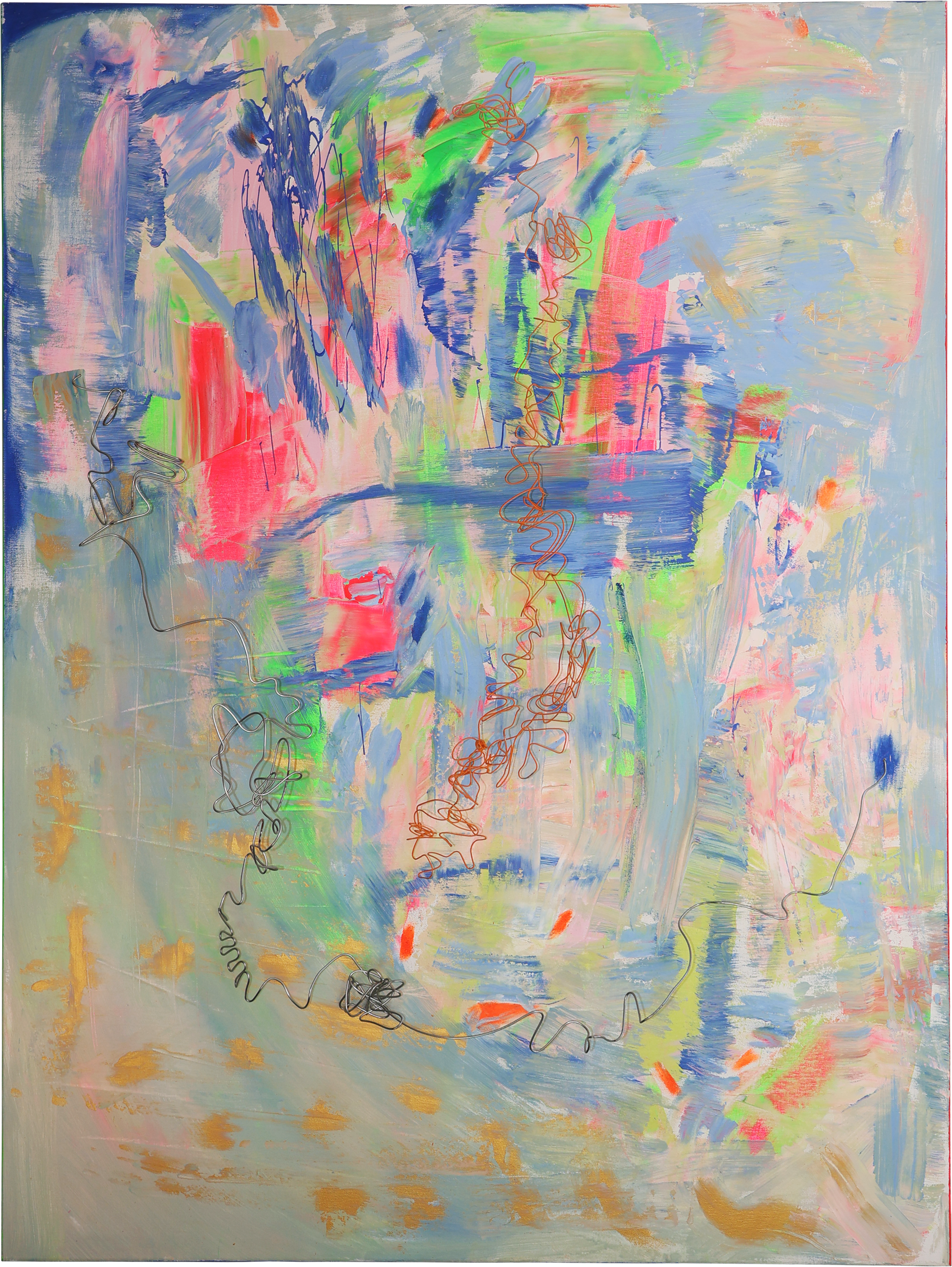 Abstract painting, vibrant colours, pink, green, blue, mixed with metal construction, on canvas