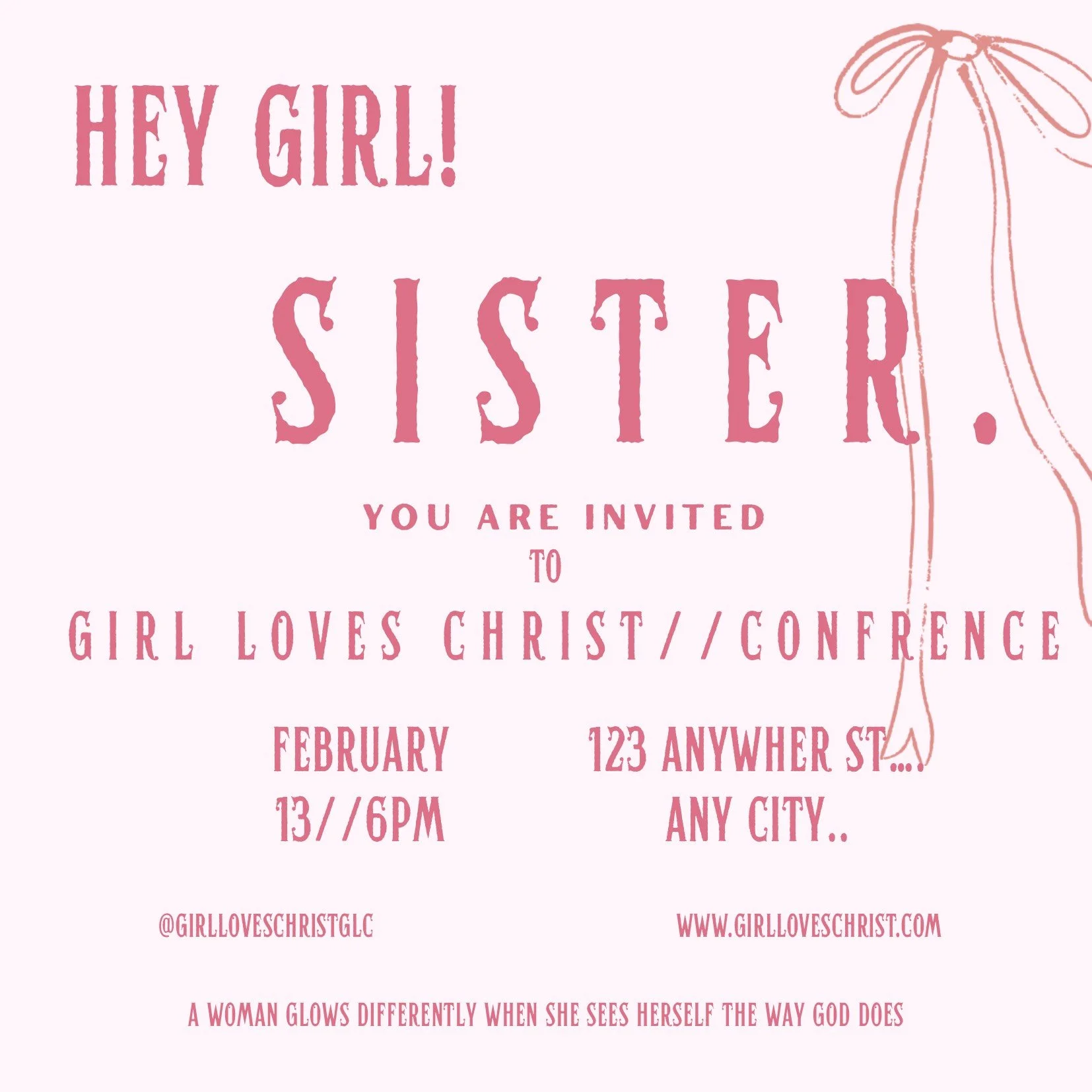 Pink invitation card for a girls' conference with floral design, text inviting the recipient to a Christian girls' conference, including date, time, location, and social media details.