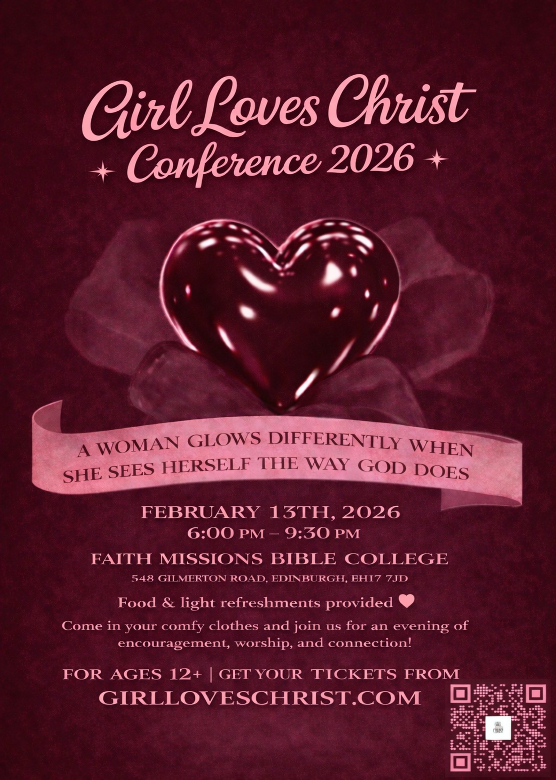 Poster for Girl Loves Christ Conference 2026 featuring a shiny, dark heart with pink text on a dark pink background, with details including date, time, location, and a QR code.