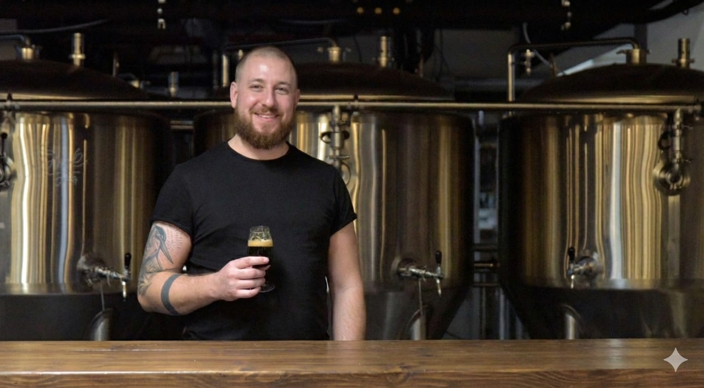 Matthieu Huygens, founder of La Source Beer. A man with a beard and tattoos, wearing a black t-shirt, holding a glass of dark beer, standing in front of large stainless steel brewing tanks in a brewery.