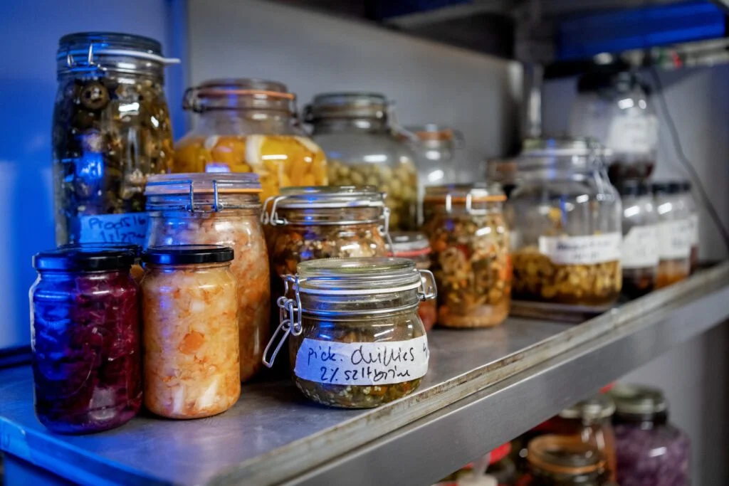 Glass jars filled with pickled vegetables and foods stored on a metal shelf, labeled with handwritten tags.