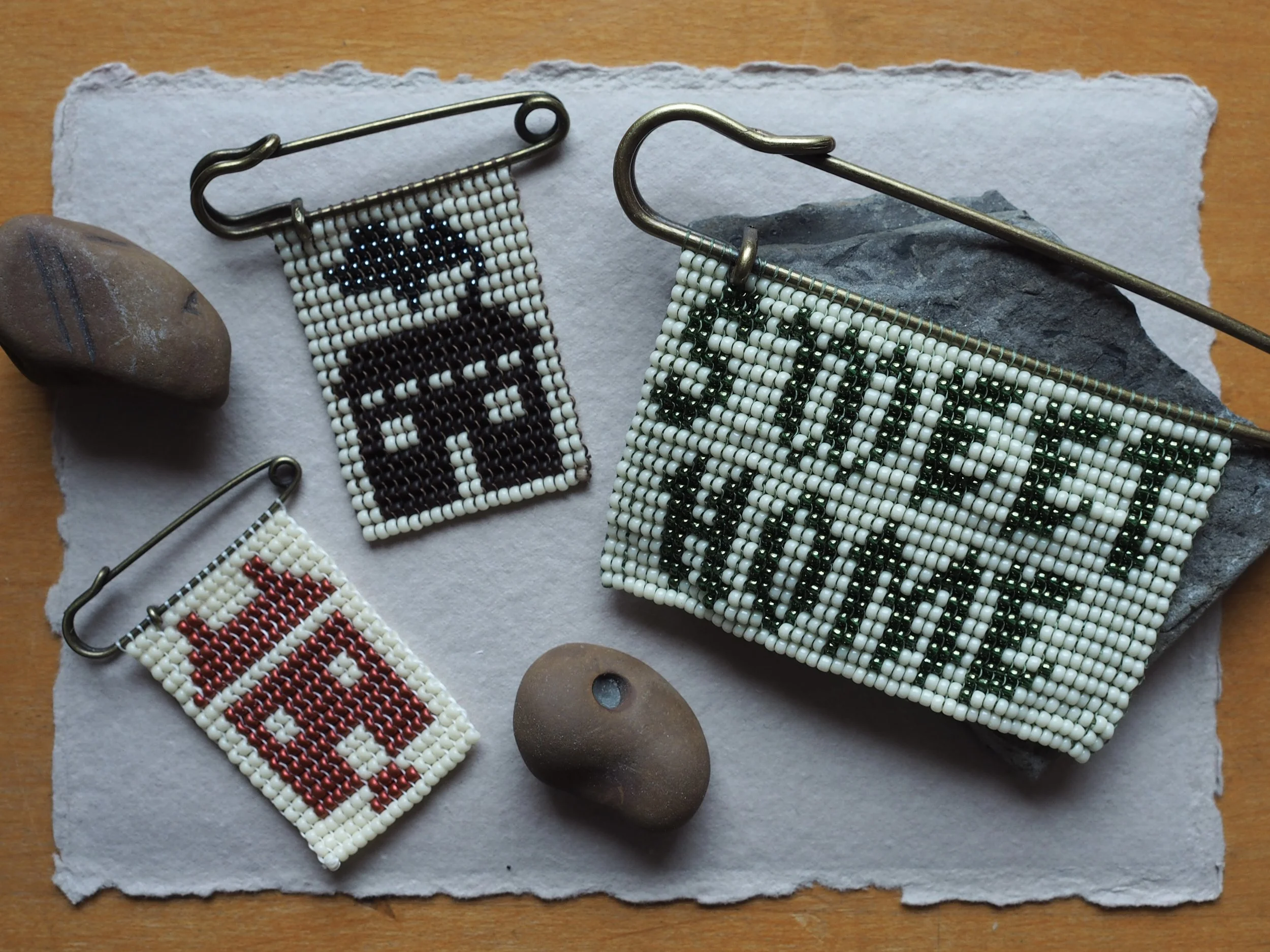 Sweet Homes: 11/0 miyuki beads, brass safety pin