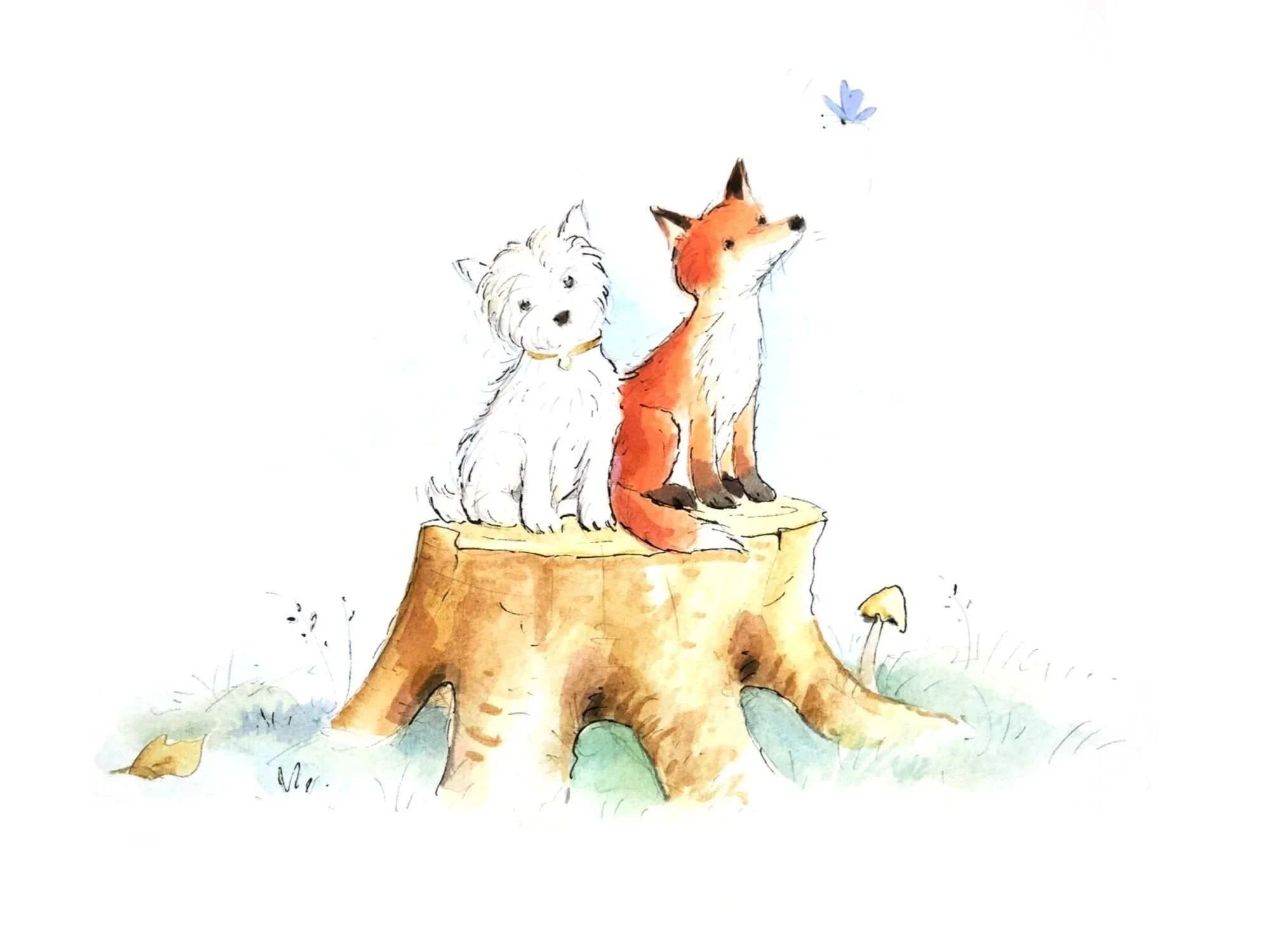 Illustration of a white fluffy puppy, Welly the Westie, and an orange fox sitting on a tree stump, with a blue butterfly flying nearby.