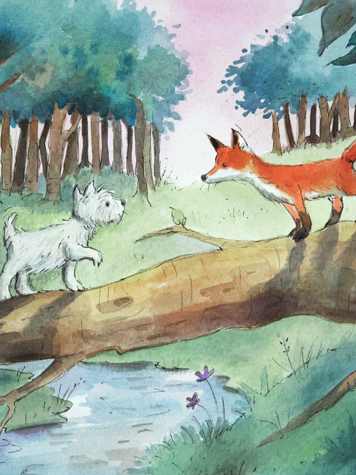 A watercolour illustration of bedtime stories Welly the Westie by Frank Endersby