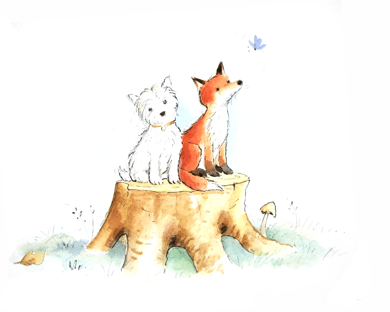 A watercolour illustration by Frank Endersby of Welly the Westie and fox