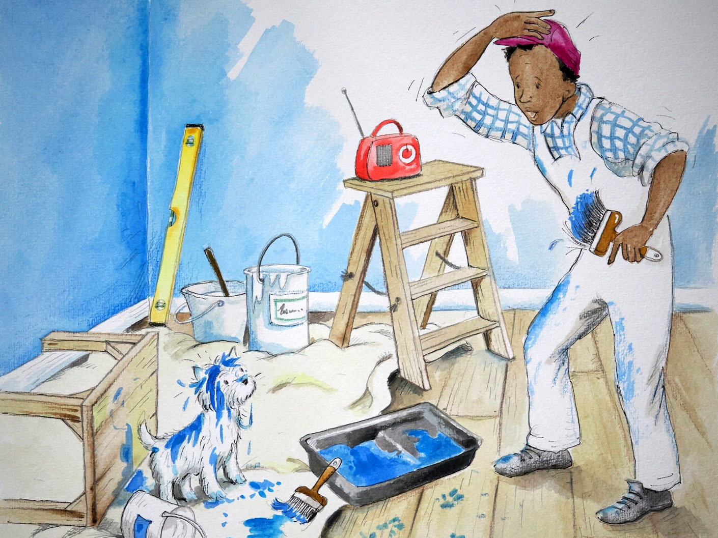 A watercolour illustration by Frank Endersby of Welly the Westie in Welly goes to work