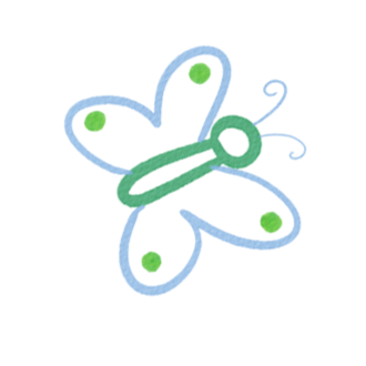 Colorful abstract butterfly with blue outline and green, pink, purple accents.