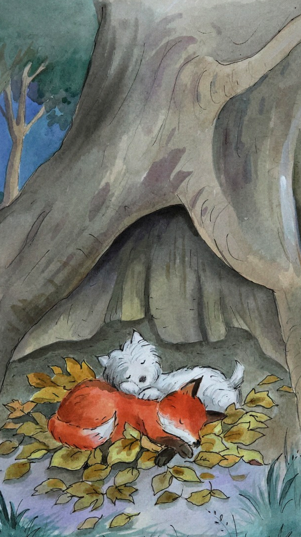 Welly the Westie and fox, sleeping together under a large tree, lying on a bed of fallen yellow leaves.