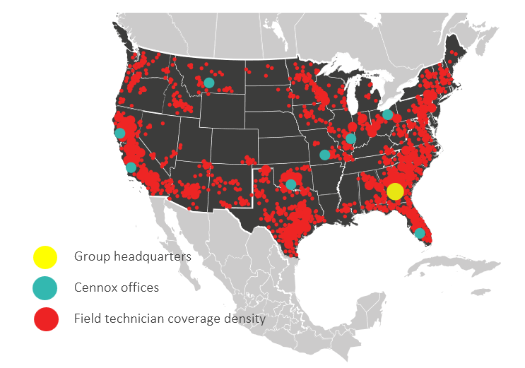 A map of the United States showing the locations of field technician coverage, Cenrox offices, and group headquarters.