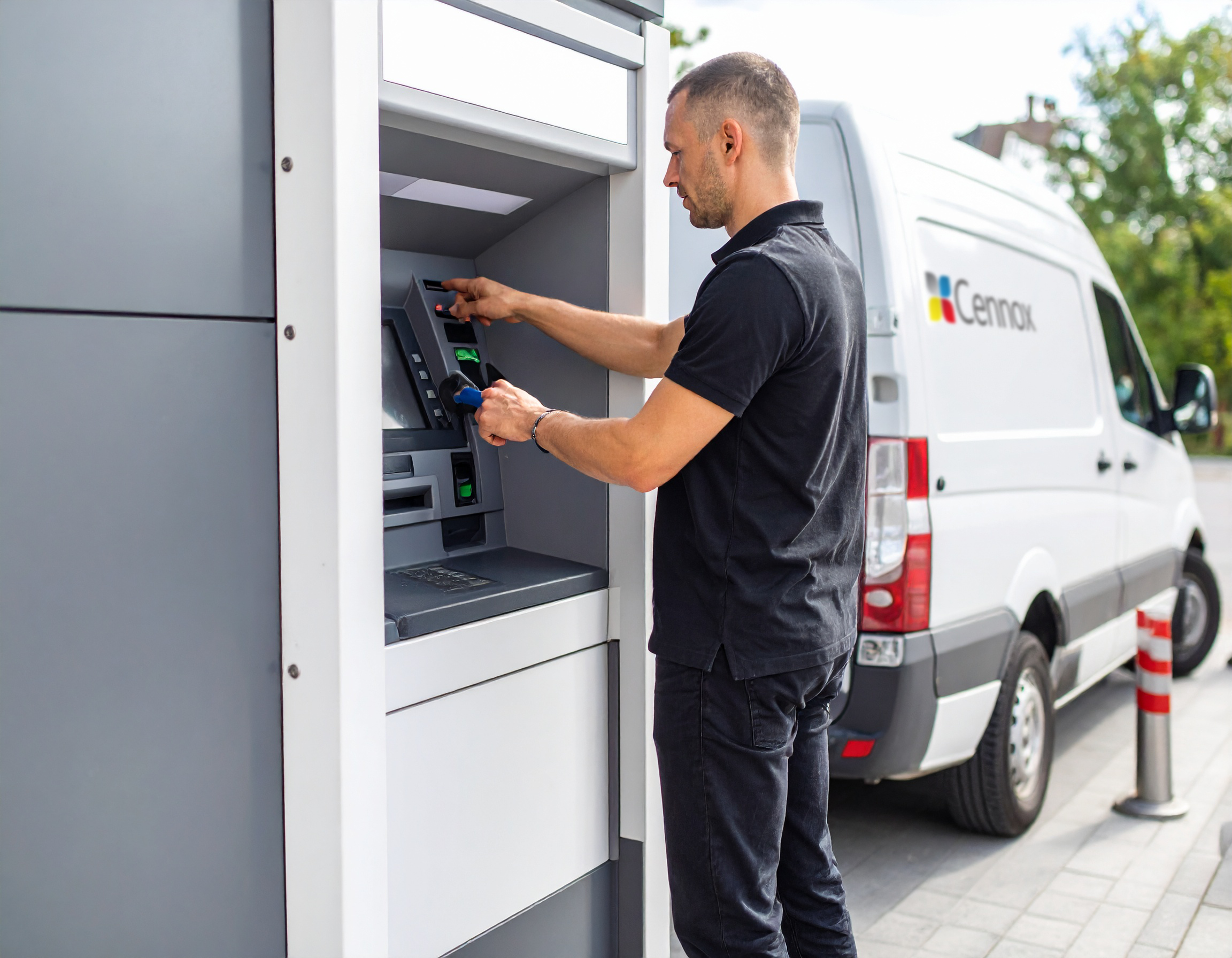 A Cennox engineer servicing an ATM demonstrating our nationwideinstallation and maintenance capabilities