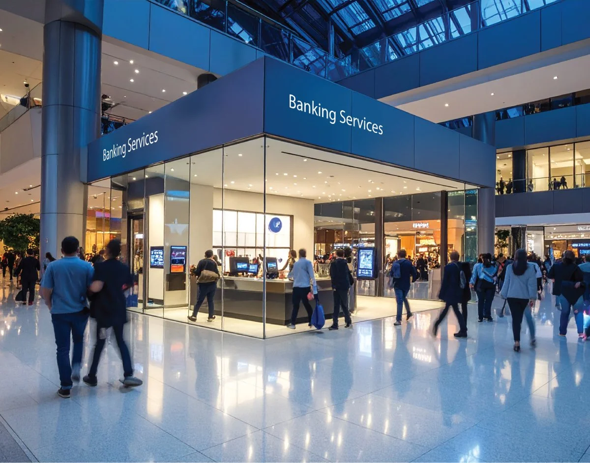 People walking past a banking services kiosk inside a modern shopping mall with a glass ceiling.