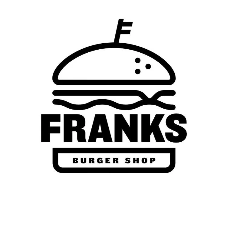 Logo for Franks Burger Shop with a stylized burger and the letter F on top.
