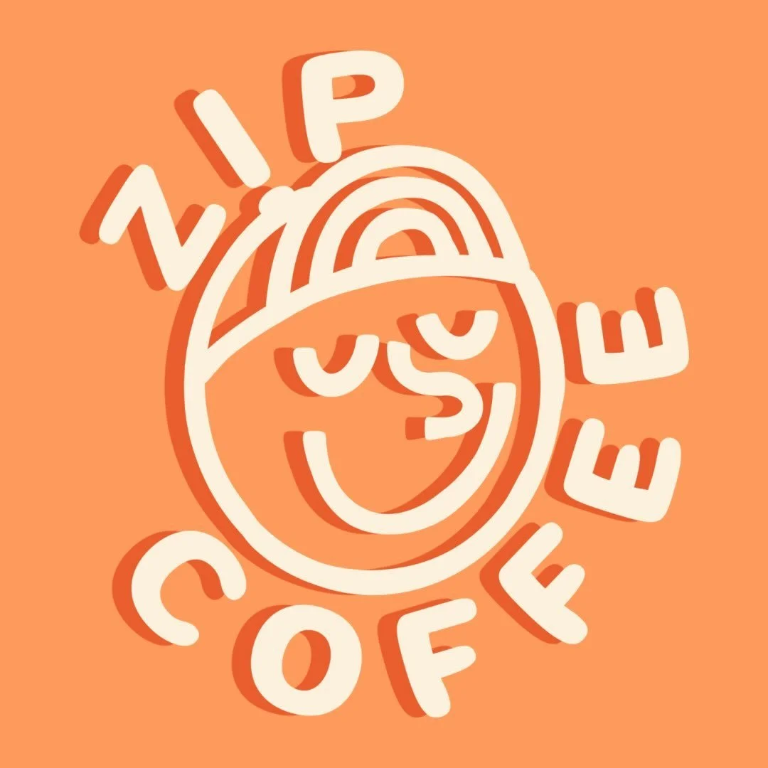 Stylized graphic of a smiling face wearing a beanie, with the words 'ZIP' and 'COFFEE' surrounding it on an orange background.