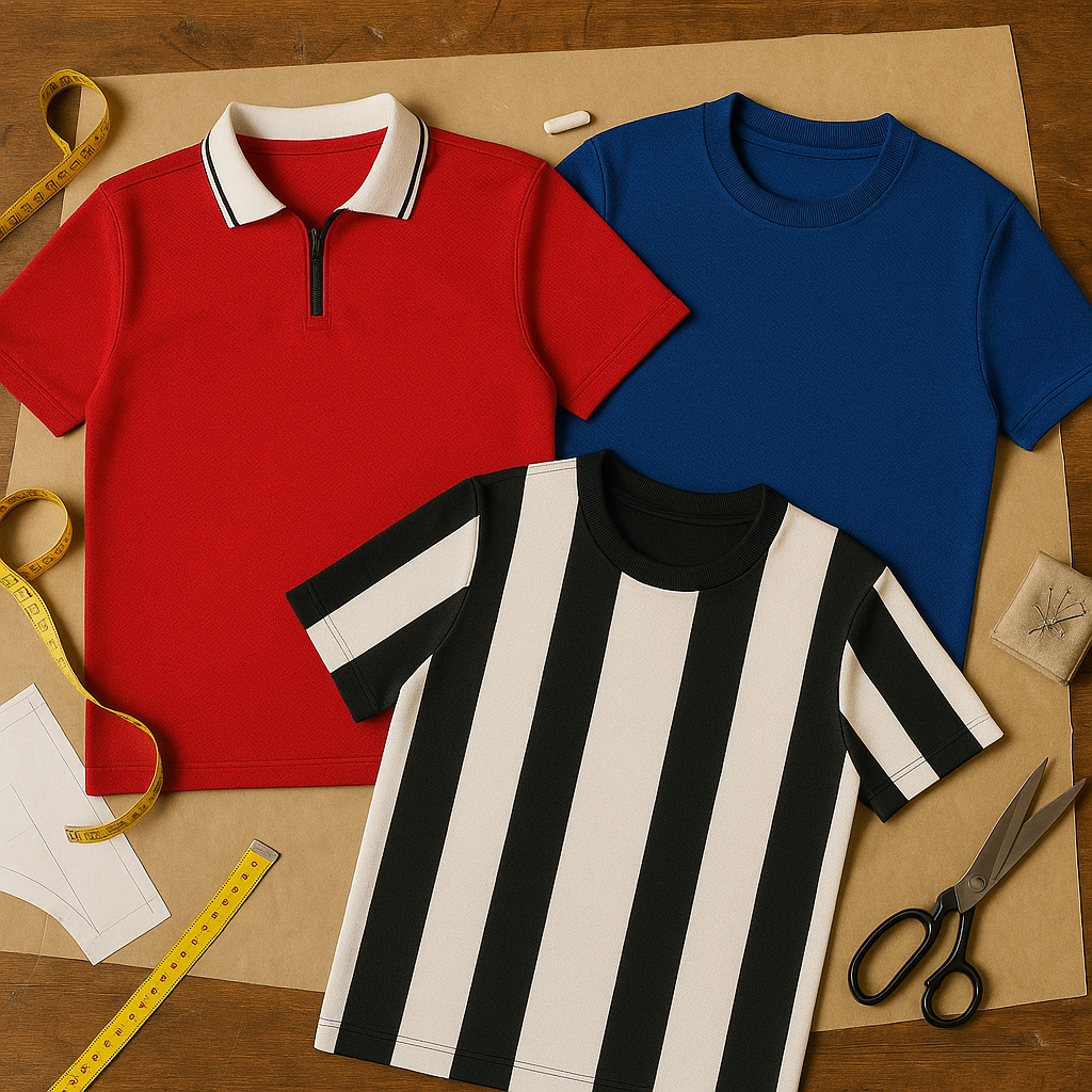 Three T-shirts in red, blue, and black-and-white striped pattern on a wooden surface with sewing tools and measuring tape.