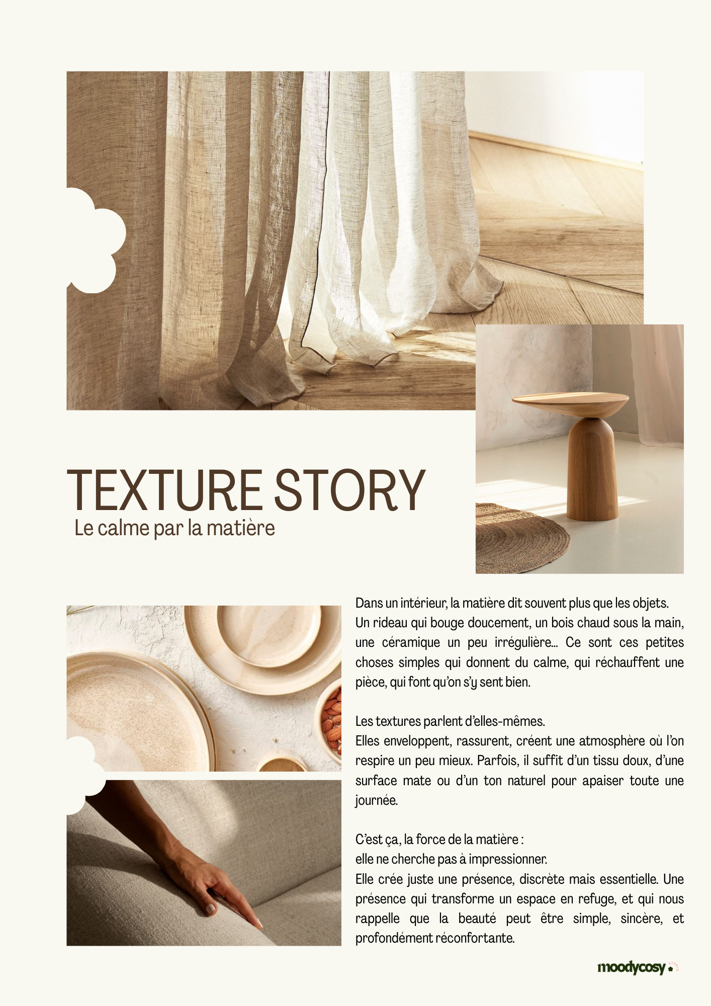 Une brochure intitulée "Texture Story: Le calme par la matière" avec des images de tissus, céramiques, bois et une main touchant un meuble en tissu, avec un texte décrivant l'importance de la texture dans la décoration intérieure.