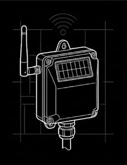 Line drawing of a weather sensor device with an antenna, solar panel, and wireless signal icon on a black background.