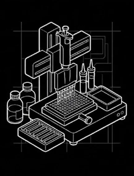 Medical laboratory equipment including a microscope, test tubes, bottles, and a tray, depicted with white outlines on a black background.