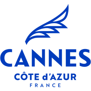 Logo de Cannes, Côte d'Azur, France, avec une plume stylisée en bleu