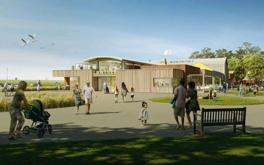 A modern outdoor park scene with people, including children and adults, walking and sitting on benches, in front of a funhouse with the sign 'LOWER.' Birds fly in the sky, and trees and open grassy areas surround the park.