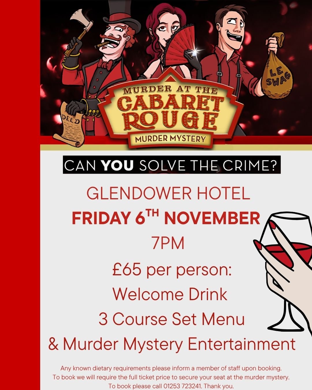 We are so excited to announce the return of our murder mystery nights!  Friday 6th November 2026 join the Glendower team in a spot of murder mystery with the talented team from After Dark Murder Mystery Events 👻🍷💋

Tickets only available direct on