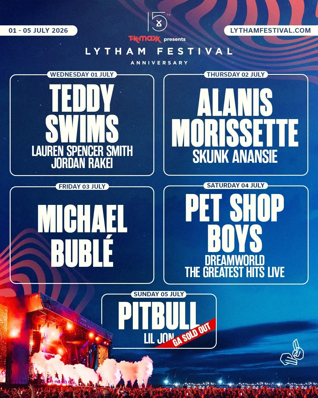 Poster for Lytham Festival 2026, with dates from July 1st to July 5th, listing various artists including Teddy Swims, Alanis Morissette, Michael Bublé, Pet Shop Boys, and Pitbull, with Pitbull's concert marked as sold out. The poster features a night scene with a stage and crowd.