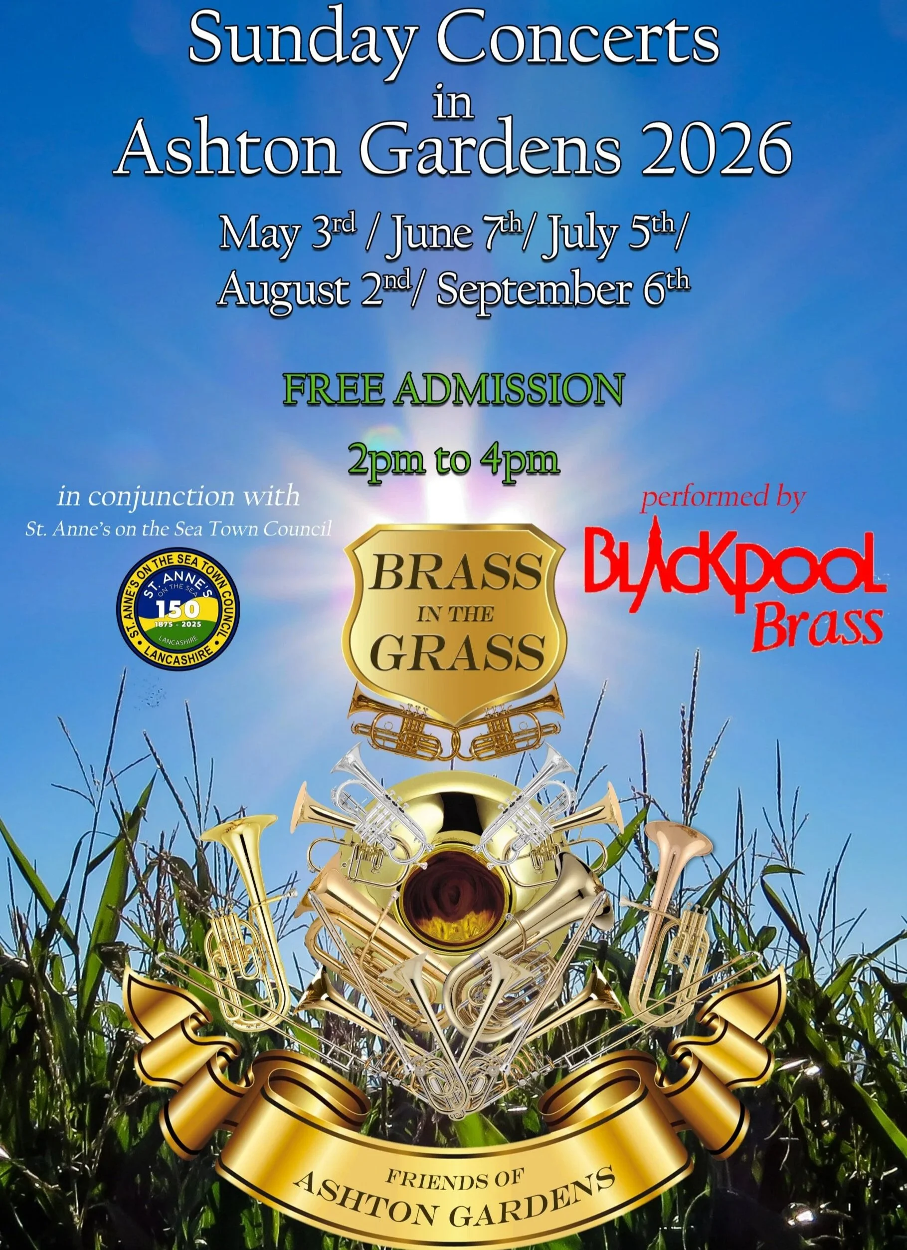 A poster promoting Sunday concerts in Ashton Gardens 2026, featuring a blue sky background with text details about the event, including dates, free admission, and performing band Blackpool Brass. The bottom shows a cluster of brass instruments and a ribbon with 'Friends of Ashton Gardens'.