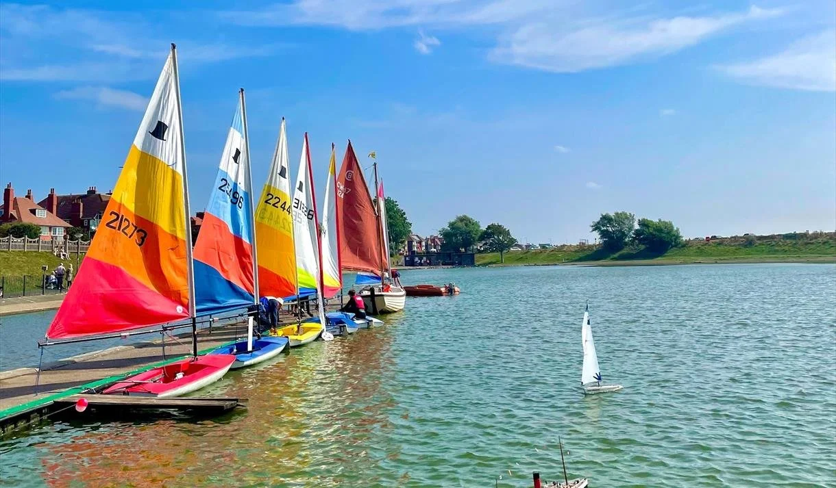 Colorful sailboats docked at a pier on a lake with clear blue sky and green trees in the background.