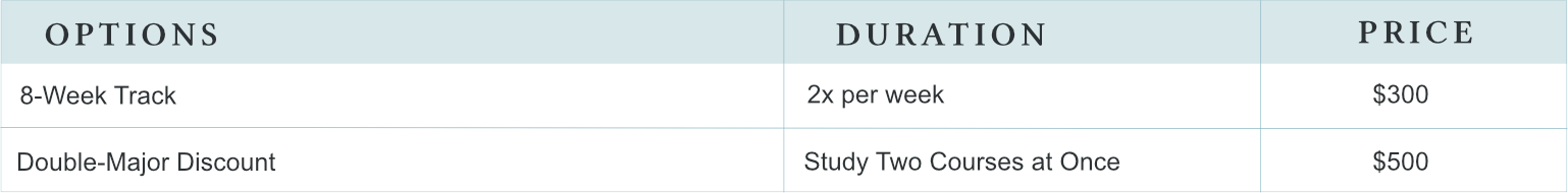 Pricing options table with two options: 8-Week Track for $300, study two courses at once with double major discount for $500, both with durations specified.