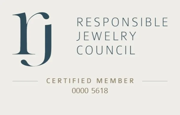Certification card from the Responsible Jewelry Council with a large letter 'R' and 'J' in the logo, indicating certified membership, numbered 0000 5618.