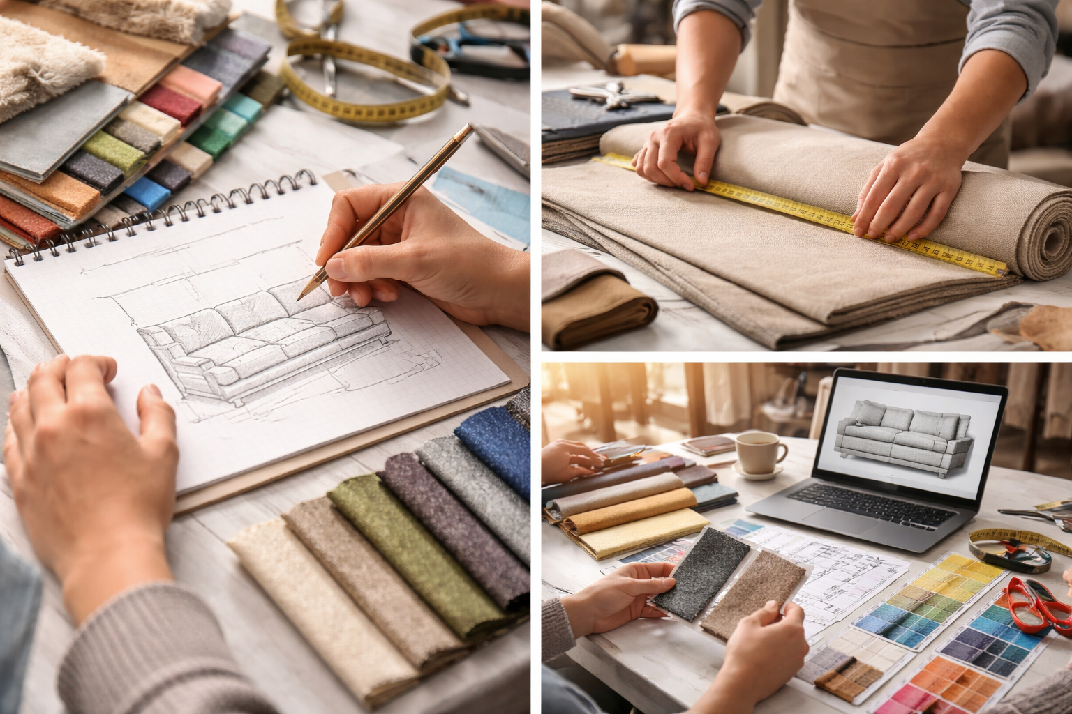 A collage of three images showing sofa design and fabric selection process. The first image shows a person sketching a sofa design on graph paper surrounded by fabric samples and measuring tape. The second image depicts a person measuring fabric rolls in a workshop. The third image shows a person comparing fabric swatches with a digital sofa model on a laptop, with color sample cards and fabric samples on the table.